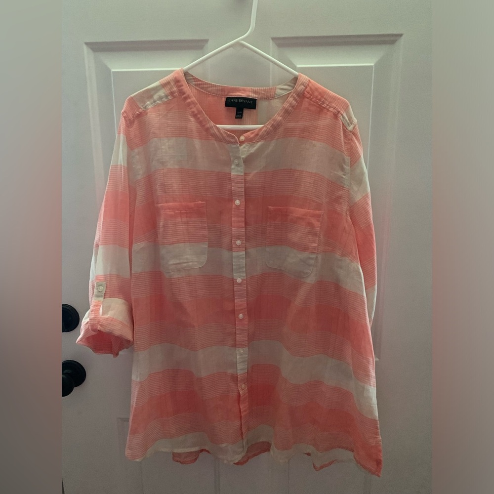 Lane Bryant Coral and White Striped Button-Up Shirt 22/24